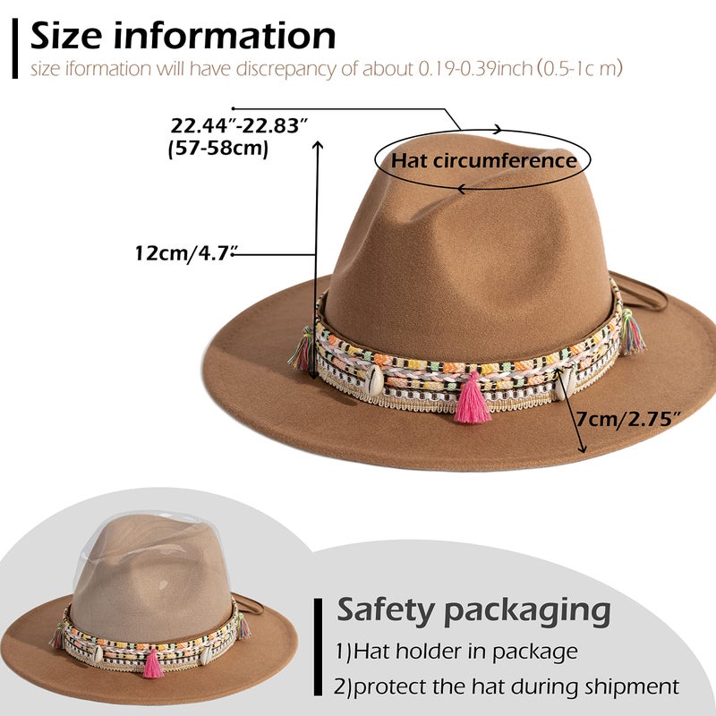 Gossifan Women's Felt Fedora Hat Wide Brim Panama Hats with Tassel-Khaki - Image 5